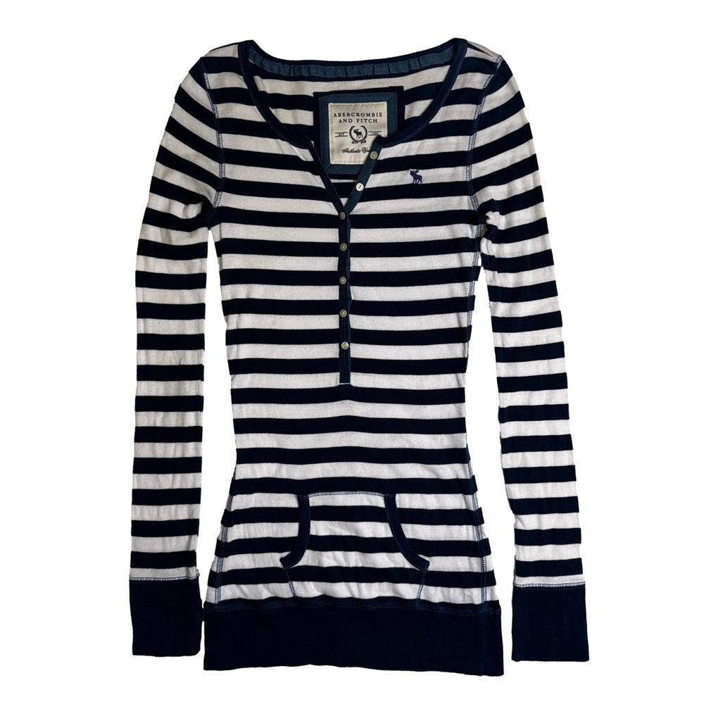 Abercrombie & Fitch Striped Henley Tee Top Size Medium Blue and White Vintage - Picture 3 of 12